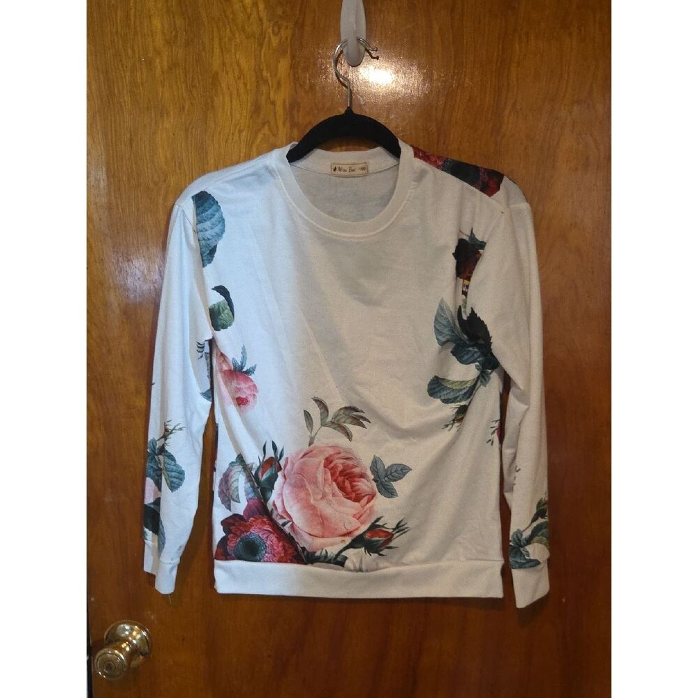 White Floral Sweatshirt with Pink Rose Print